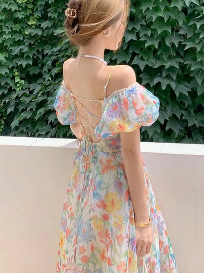 French Puff Sleeves Long Dress Summer Korean Cool and Breathable Bare Shoulder Vestidos Robe