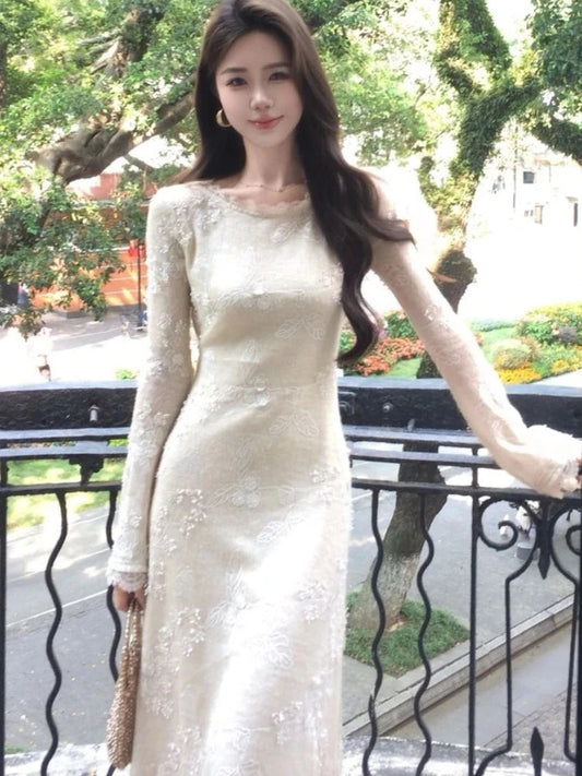 Autumn Spring New Twopiece Midi Dress Sets for Long Sleeve Slim Vestidos Evening Party Robe
