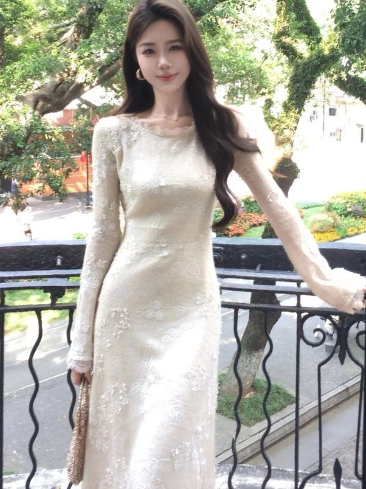 Autumn Spring New Twopiece Midi Dress Sets for Long Sleeve Slim Vestidos Evening Party Robe