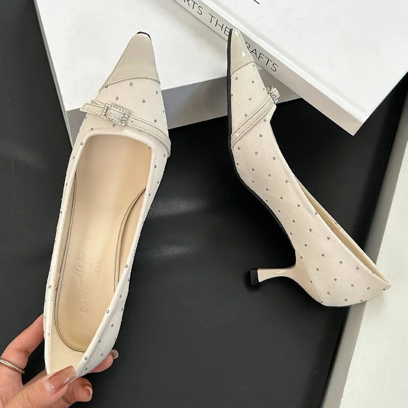 Pointed Toe Low Heel Shoes Belt Buckle Office Thin High Heels Female Shallow Pumps Zapatos De Mujer