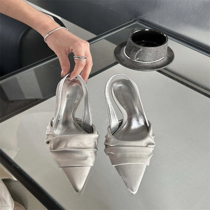 Satin Pleat Pointed Toe Pumps Slingbacks Thin Heels Shoes Banquet Party Female Sandals