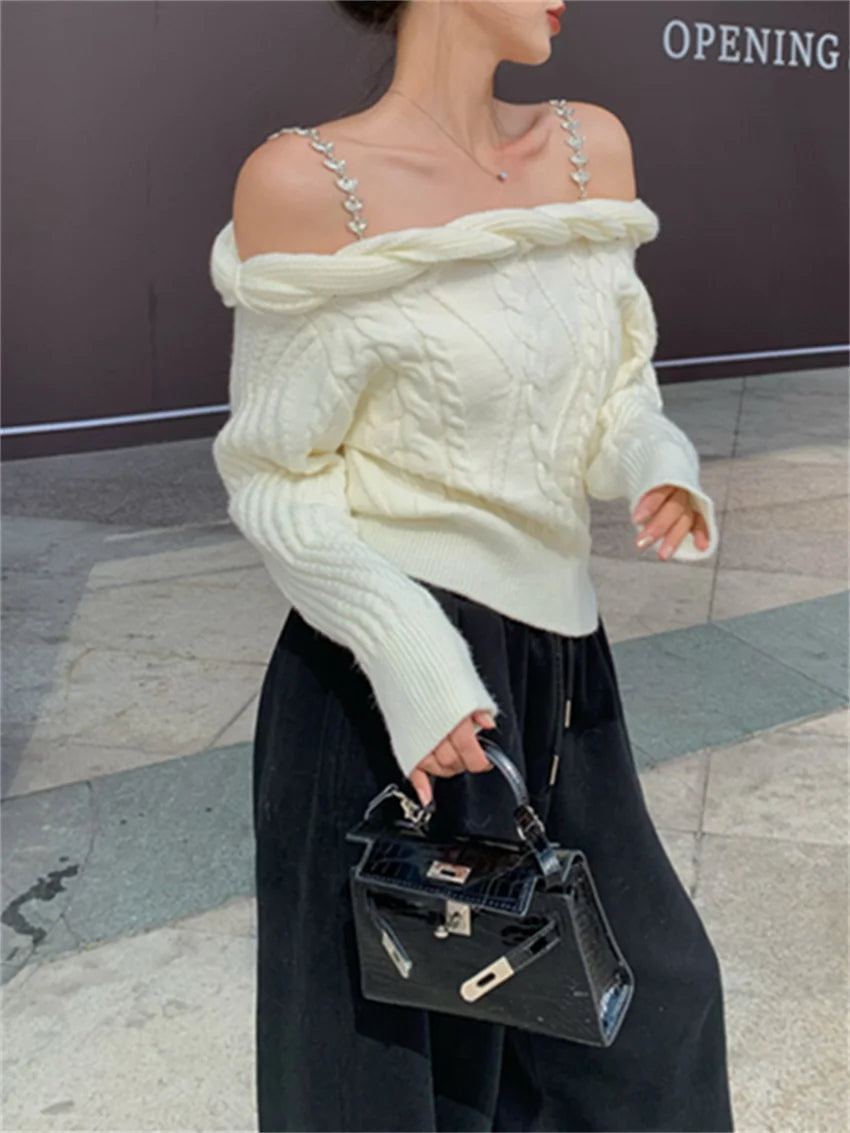 Knitted Slash Neck Sweaters Daily Knitted Pullovers Daily Sweet Off Shoulders Spring
