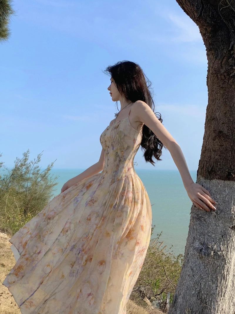 New French Holiday Fairy Beach Style Long Dress Fragmented Chiffon Strap Dress