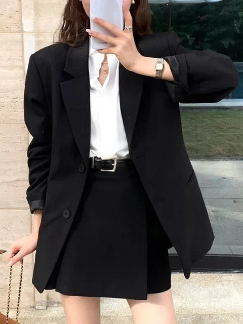 Korean Blazer Two Pieces Set Loose Jackets Coat Mini Skirts Suit Female Formal Outfits