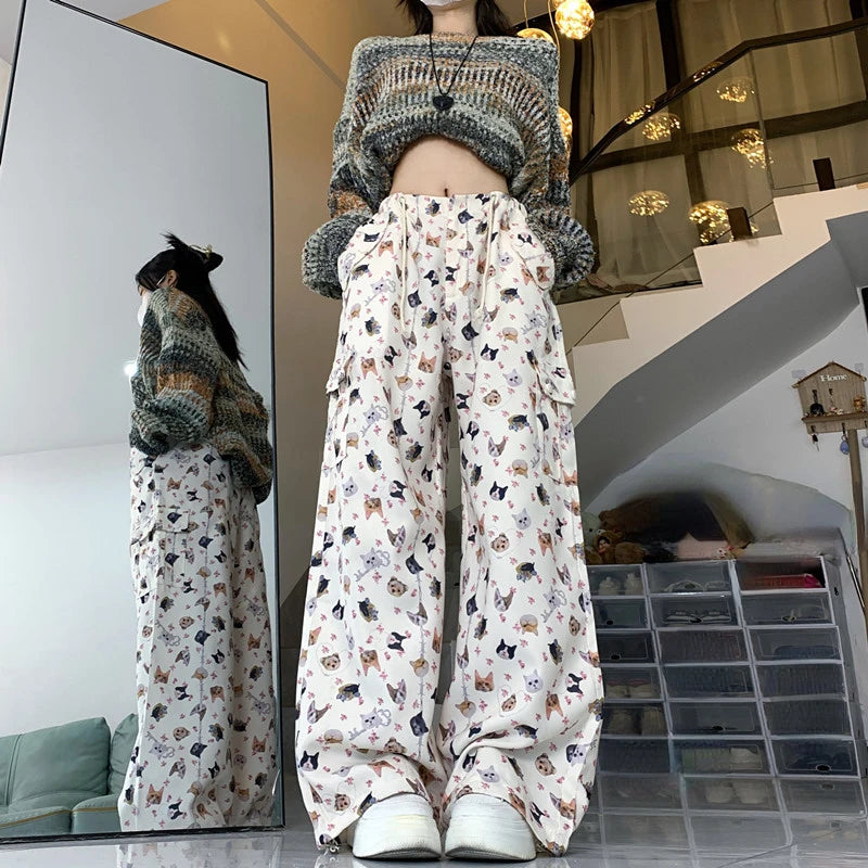 Retro Graffiti Design Sense Work Suit Pants 90s Hot Girl Y2k Straight Tube Sports Street Dance Wide Leg Pants