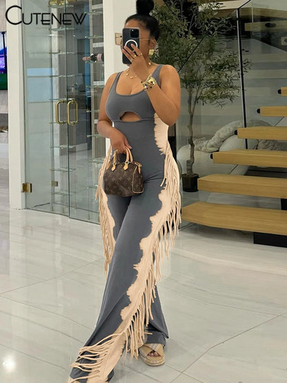 Panelled Jumpsuits Summer Hipster Tassel Sport U-neck Tank Hollow Slim Overalls Mujer Street One Piece