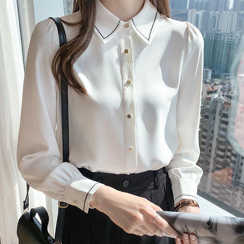 Spring Autumn Style Blouses Shirts Lady Long Sleeve Turn-down Collar Color Blusas Tops Df4959