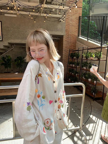 Sweet Embroidery Loose Shirts Stripe Lapel Blouses Two Piece Set Korean Blusa Mujer Moda