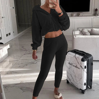 Fall Winter Soft Velvet Outfit Zipper Hooded Sweatshirt Coat+slim Pants Tracksuit Retro Long Sleeve Sports Suit Sets