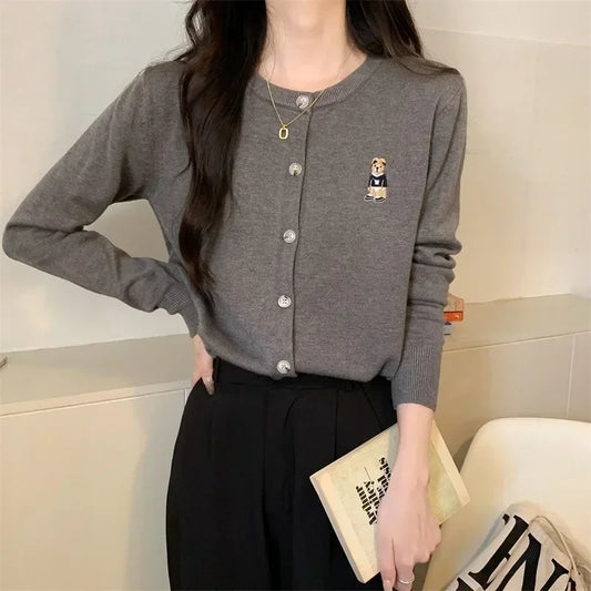 Spring Autumn ’s Knitted Cardigan Korean Single Breasted Long Sleeve Jumper Woman Round Neck Cardigans Outwear
