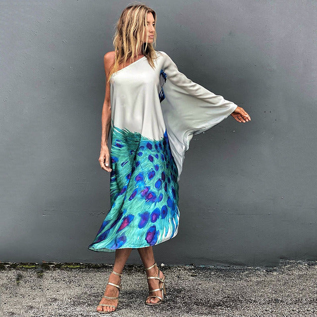 Color Butterfly Print One Shoulder Sleeve Dresses Off Shoulder Loose Beach Vacation Irregular Long Dress