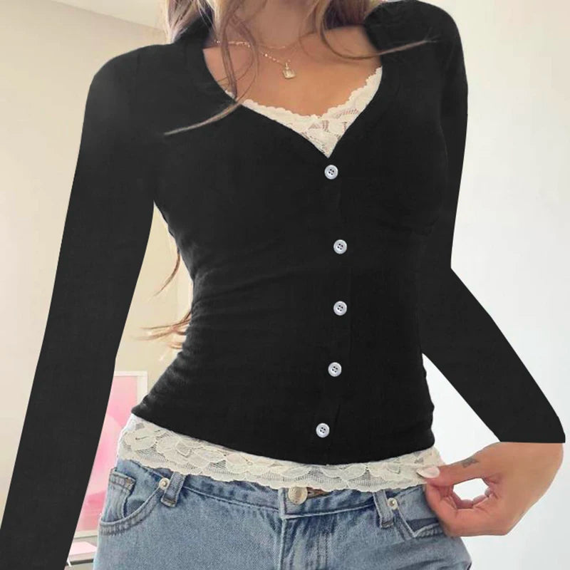 Y2k Contrast Lace Slim Top Autumn Long Sleeve Buttons T-shirt Knitted Outfits Sweet Korean Tee