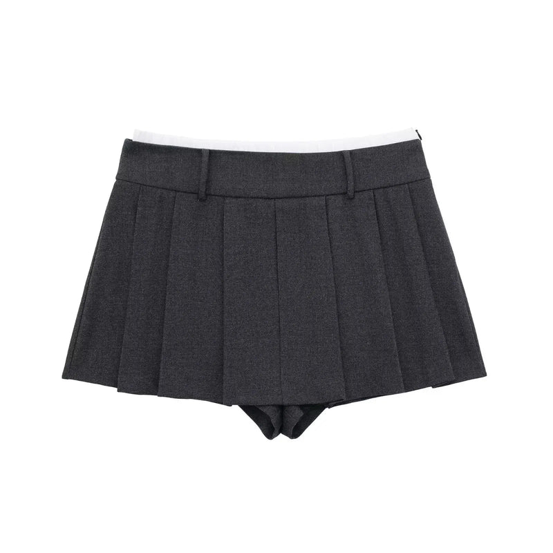 Patchwork Pleated Mini Pant Skirts Woman Autumn High Waist Aline Short Faldas Female Skirt