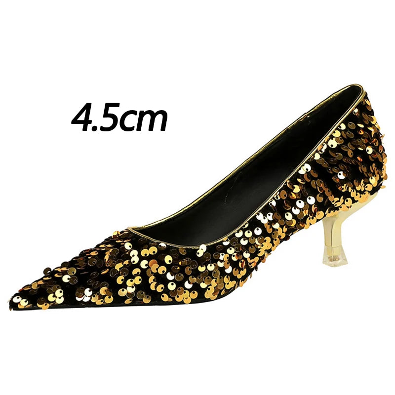 Shoes New Sequin ’s Shoes Sparkling Pumps Kitten Heels 4.5 Cm Low Heeled Banquet Shoes Size 43