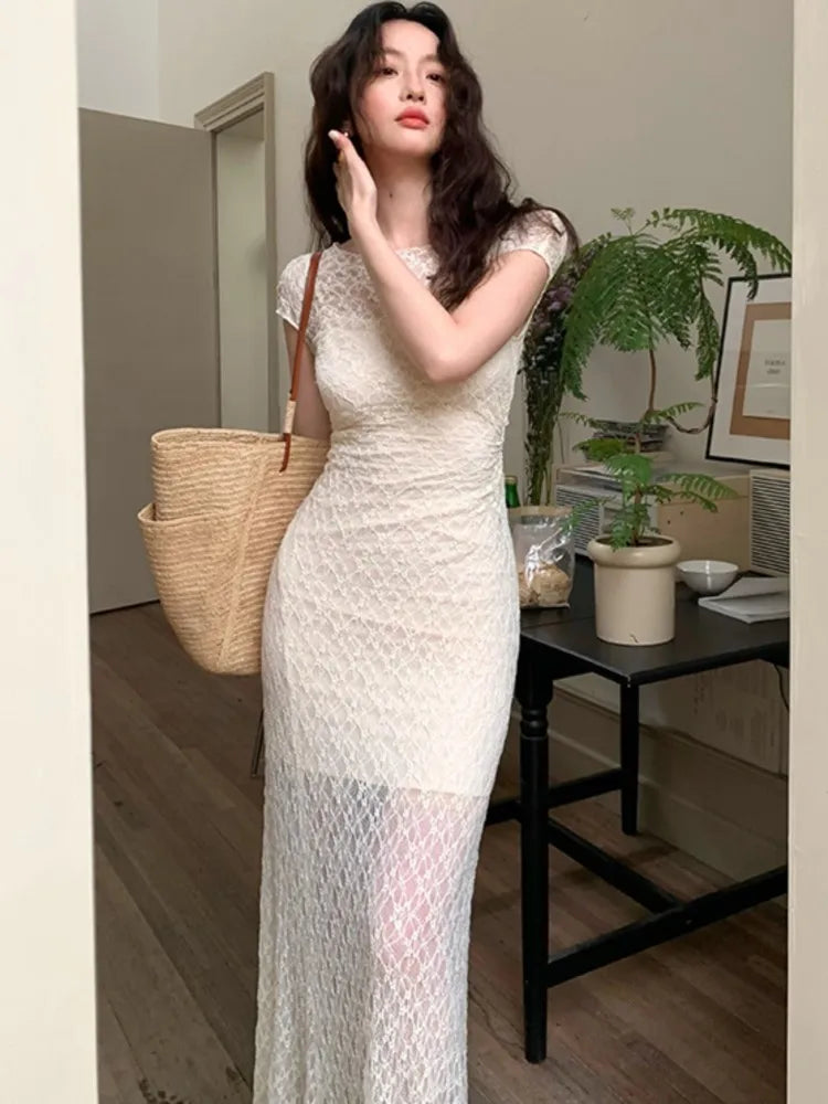 Mesh Two Piece Dress Set Slim Midi Dresses for Frence Retro Lace Y2k Bodycon Birthday Party Dress Prom Vestidos