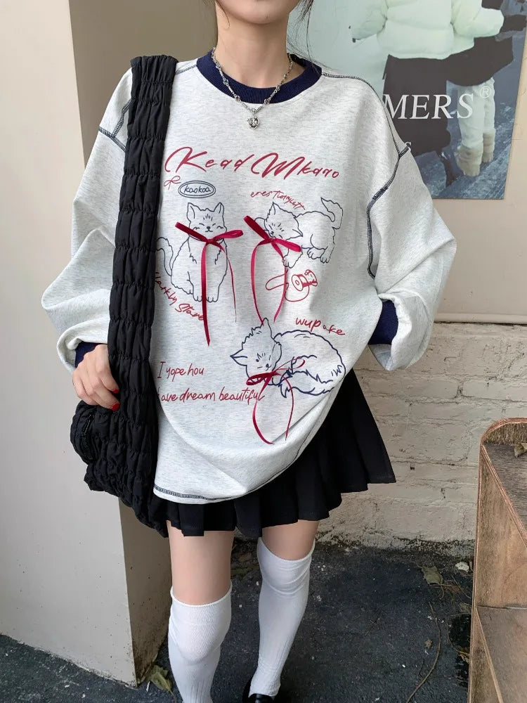 3d Bow Contrast Color Hoodies Round Neck Gray Sweatshirts Autumn Korean Loose Agereducing Cat Print Loose Top
