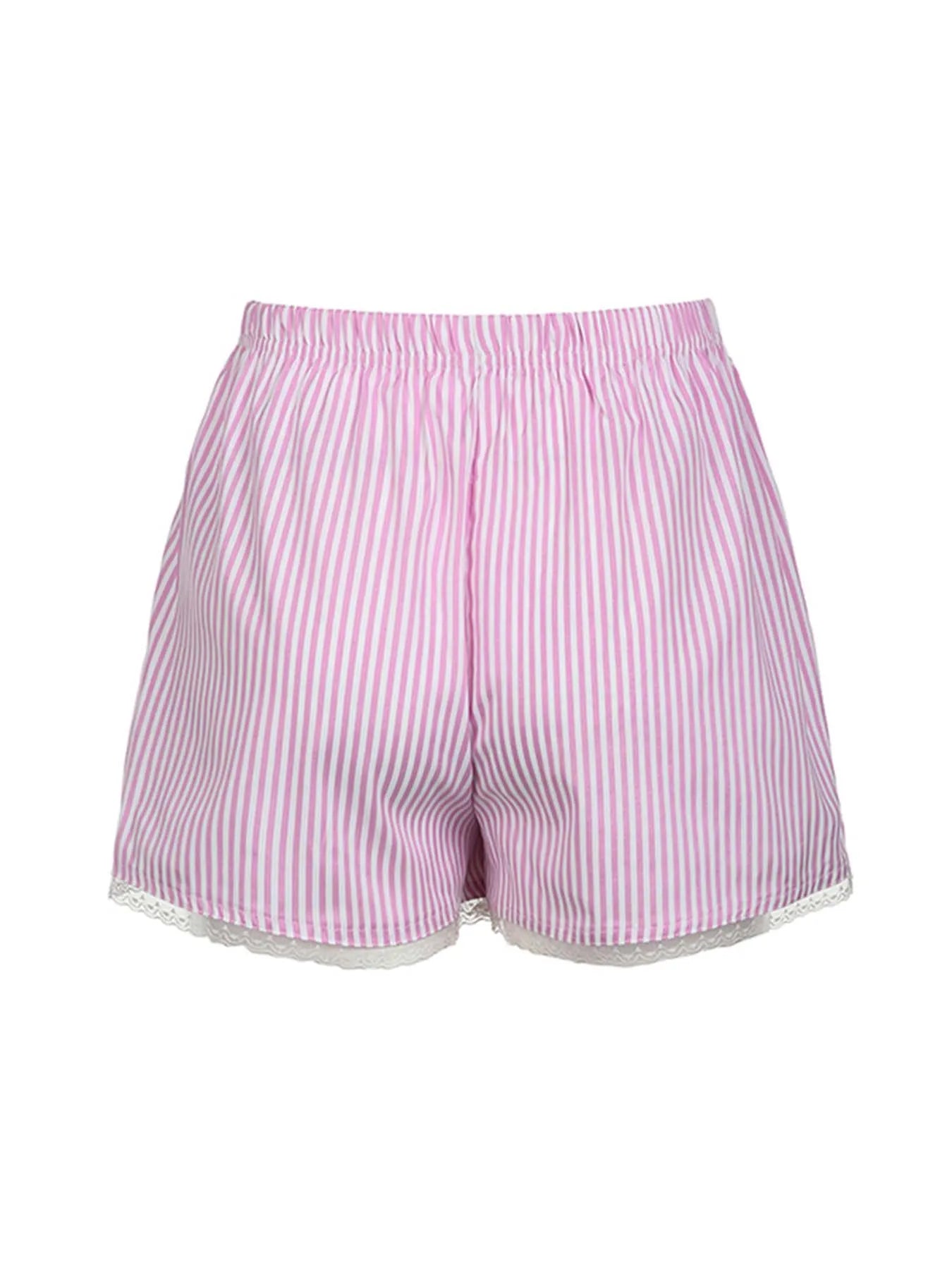 Pink Sweet Y2k Lace Trim Stripe Summer Shorts Japanese Kawaii Elastic Waist Button Loose Vacation Outfits