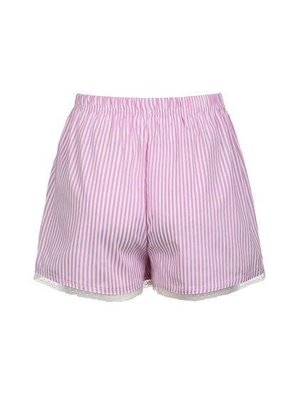 Pink Sweet Y2k Lace Trim Stripe Summer Shorts Japanese Kawaii Elastic Waist Button Loose Vacation Outfits