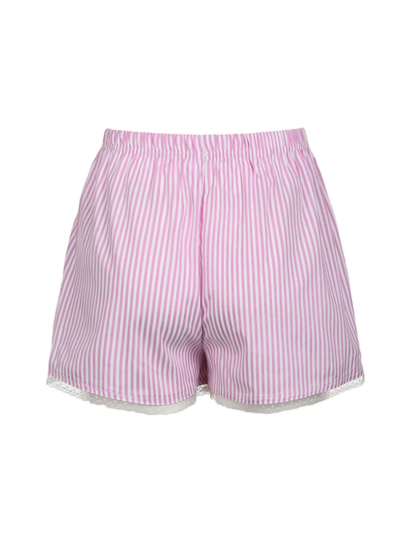 Pink Sweet Y2k Lace Trim Stripe Summer Shorts Japanese Kawaii Elastic Waist Button Loose Vacation Outfits