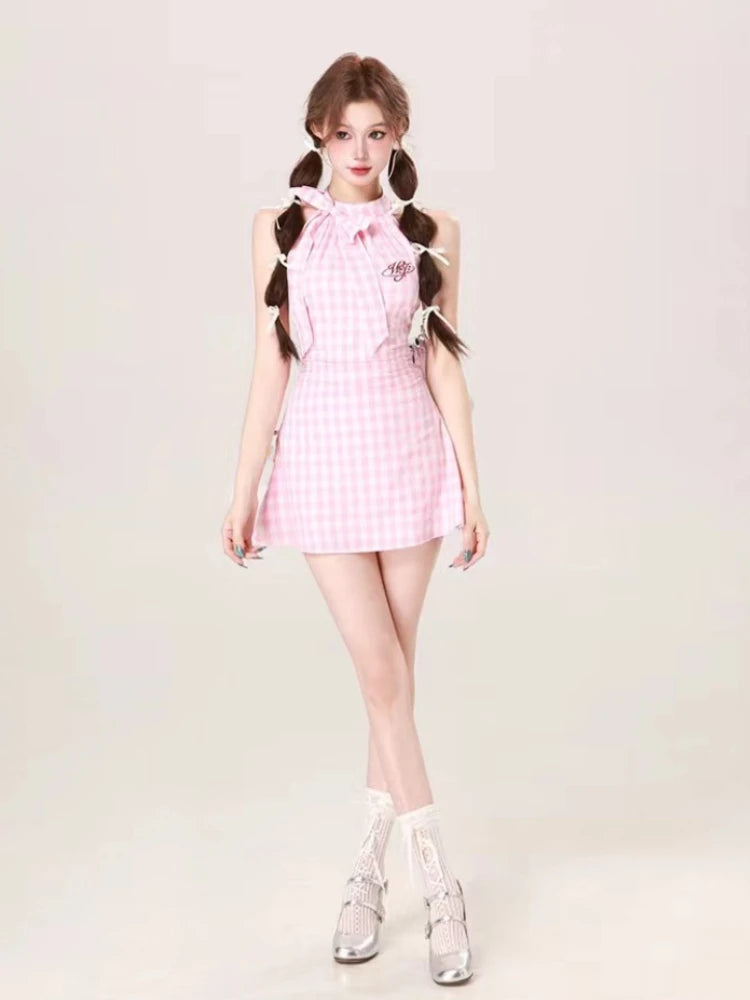 Summer Causal Sweet Plaid Mini Dress French Slim Party Dress Japanese Style Kawaii One Piece Dress