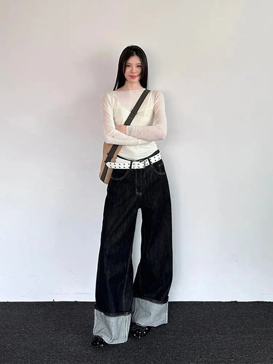 Balck Jeans for Harajuku Baggy Kpop Do Old Wide Leg Straight Denim Pants Y2k Causal Mujer Trousers