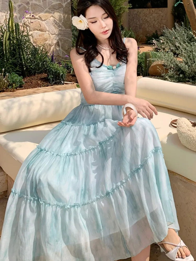 Korean Spaghetti Strap Long Dresses for Sleeveless Tie Dye Birthday Party Dress Summer Holiday Prom Vestidos Robe