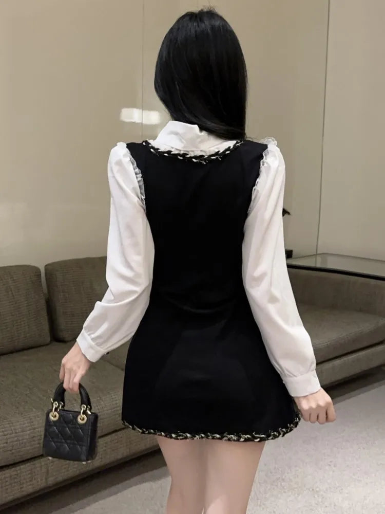 Y2k Fake Two Piece Mini Dress for Patchwork Long Sleeve Sweet Birthday Party Shirt Dresses Office Lady Vestidos