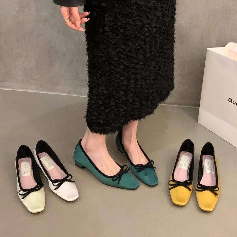Satin Round Toe Bowknot Flat Shoes Brand Designe Open Heel Sweet Party Dress Square Heel Loafers