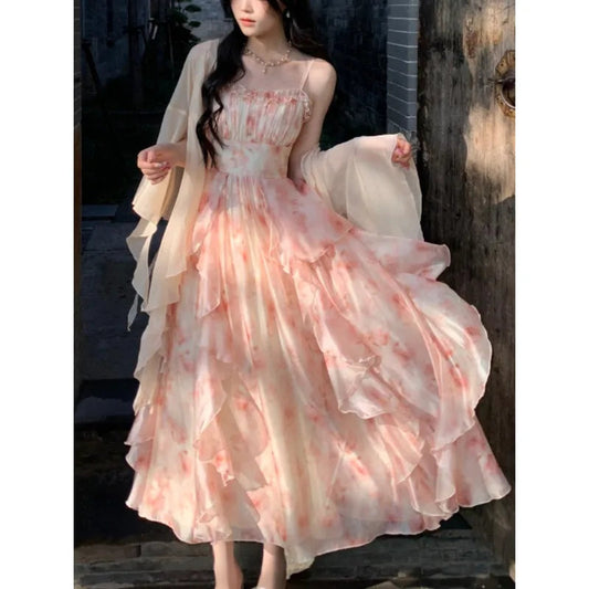 2 Piece Dress Sets Chiffon Summer Slim Strap Dress + Fairy Cardigan Suit Even Party
