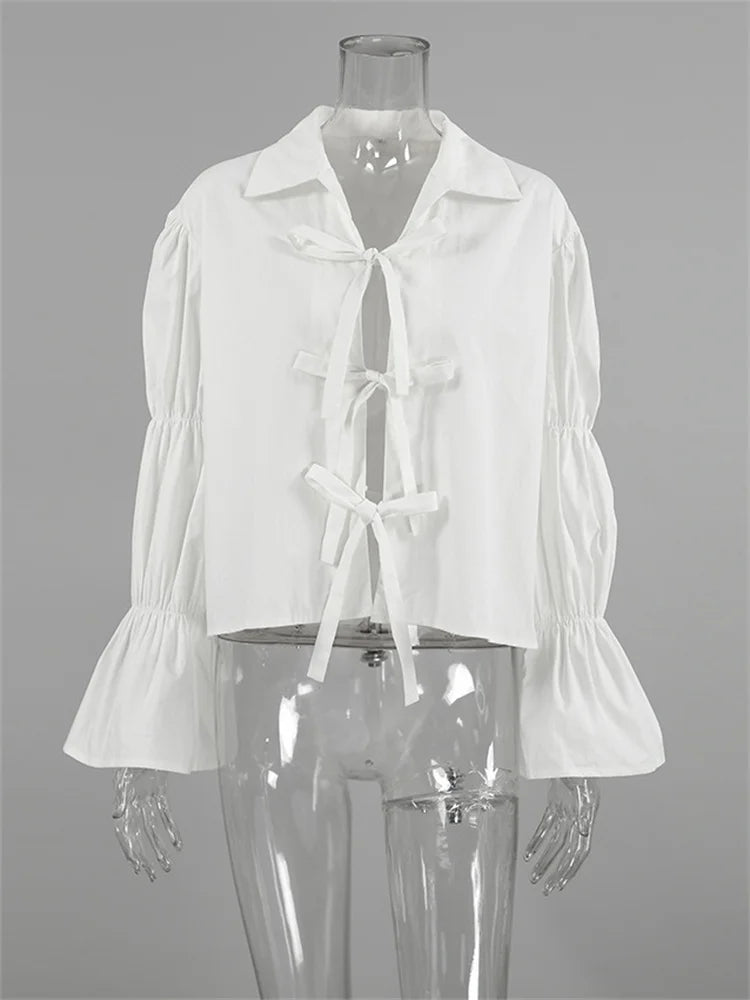 Chiffon Lace-up Hollow Out Shirts ’s Lapel Patchwork Bandage Long Sleeve Blouse Top Female White Outwear