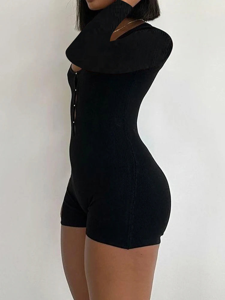 Hollow Hook Front Skinny Black Rompers Black O Neck Long Sleeve Autumn Winter Playsuit Basic Baddie Outfits