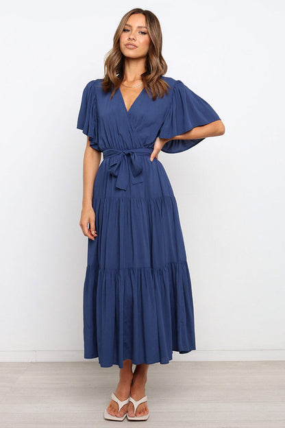 Color Ruffles Long Dresses V-neck Ruffle Sleeves Leace-up Temperament Lady Dress Summer New