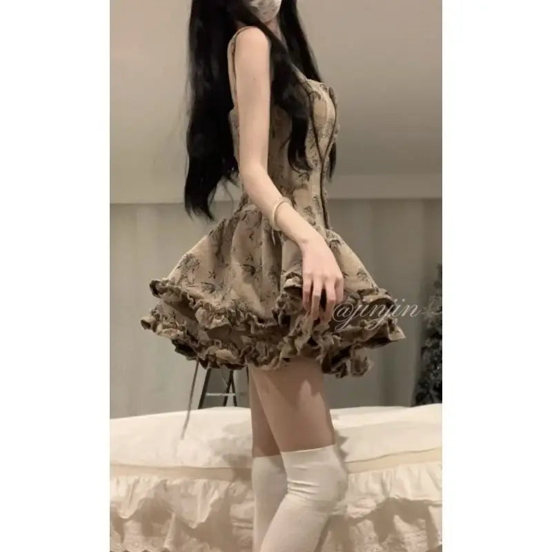 French Printed Waist Cinching Puffy Strap Camisole Dress Ruffle Plush Patchwork Short Coat Two Piece Sets Outfits