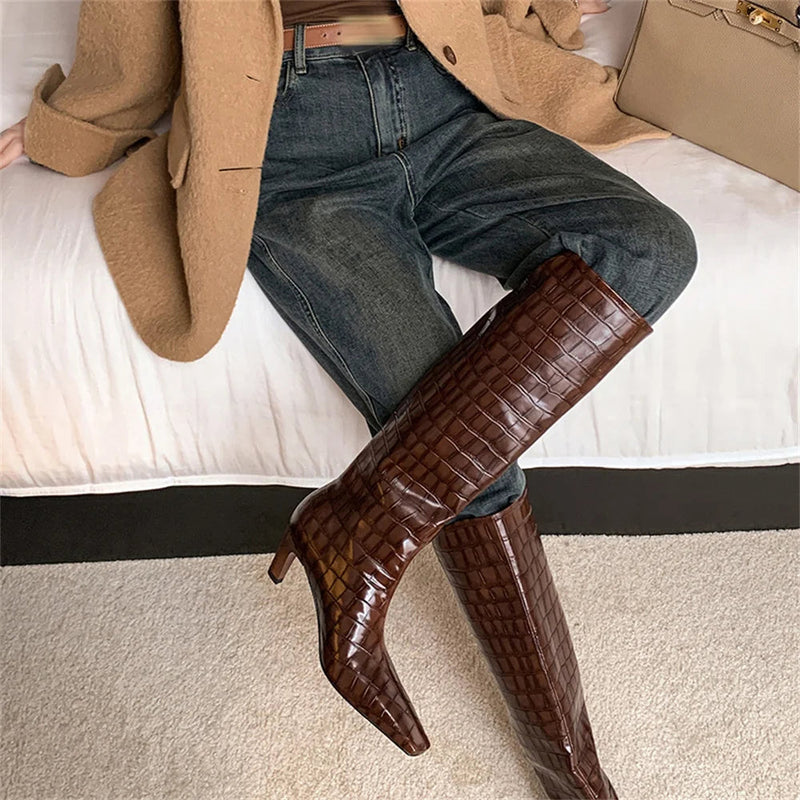 Knee High Boots for Stone Pattern Leather High Heels Autumn Winter Shoes Lady Long High Party Knight Booties