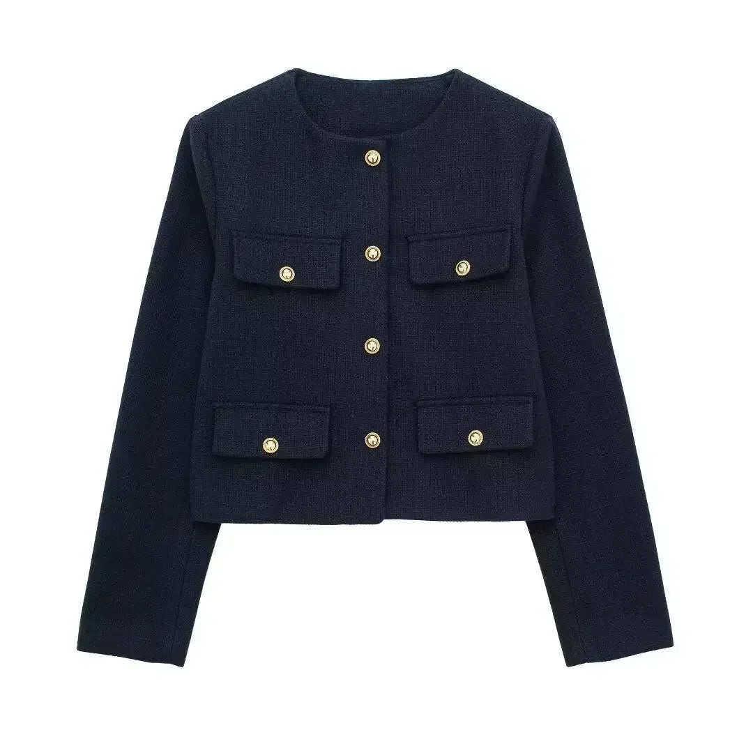 Button Fake Pocket Jacket O-neck Long Sleeve Single Breasted Cropped Coats New Lady Outerwear