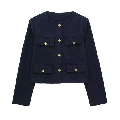 Button Fake Pocket Jacket O-neck Long Sleeve Single Breasted Cropped Coats New Lady Outerwear