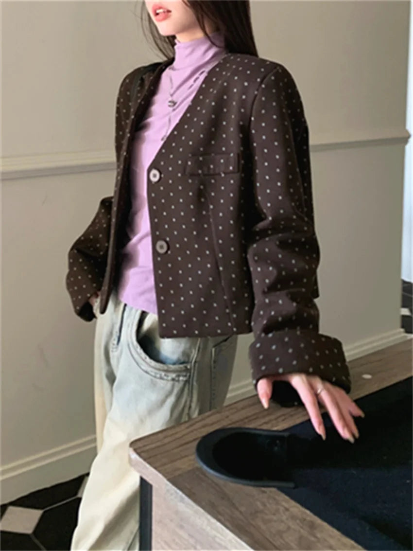 Office Lady Coats New Woolen Autumn Polka Dots Slim High Street Work Wear Vneck