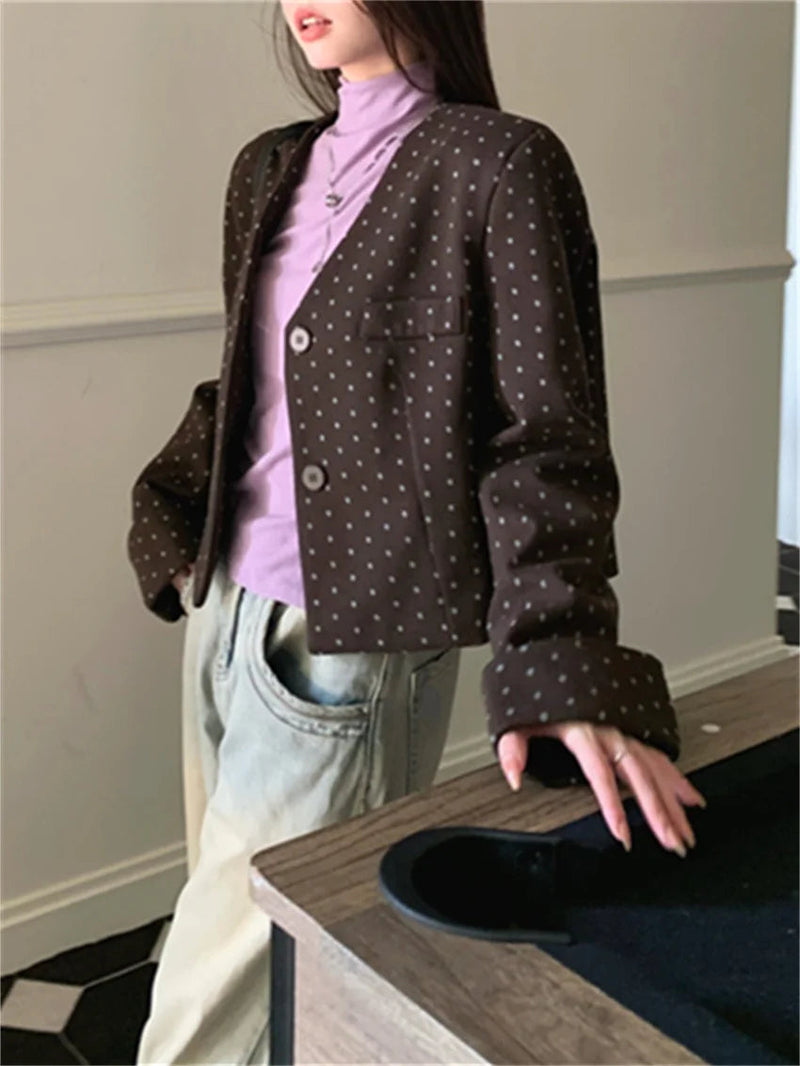 Office Lady Coats New Woolen Autumn Polka Dots Slim High Street Work Wear Vneck