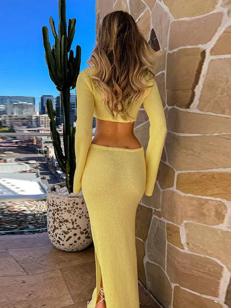 Knitted Hollow Out Long Dresses Slim Fit O-neck Slit Maxi Dress Sun Protection Female Summer Beach Party