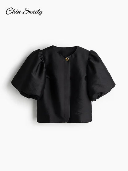 Leopard Puff Sleeve Shirts Blouses Summer O-neck Loose Buttons All-match Cropped Tops Lady High