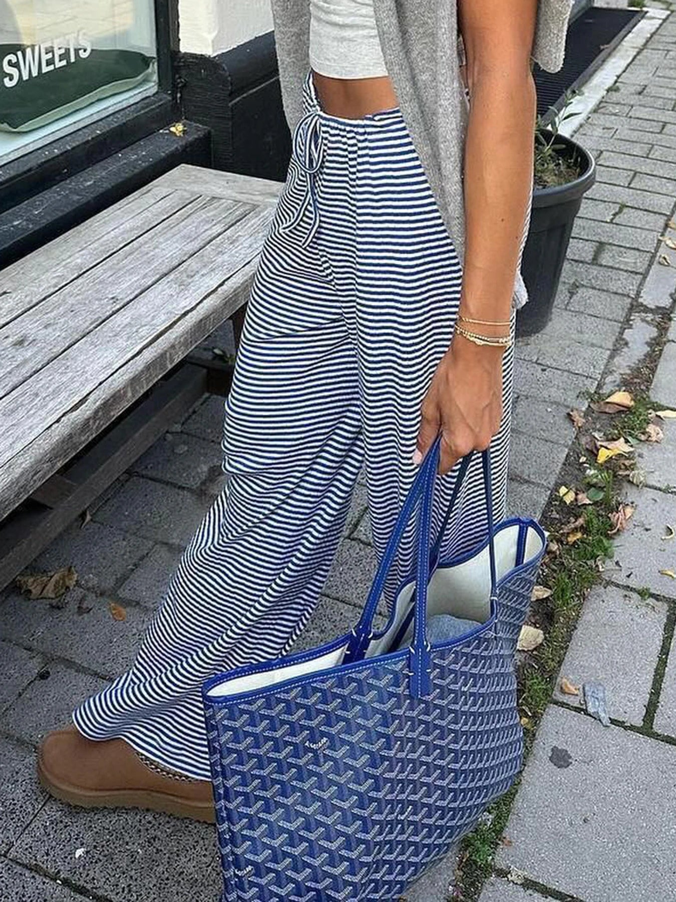 Stripe Drawstring Elastic Low Waist Baggy Sweatpants Loose Straight Leg Pants Leisure Summer Trousers