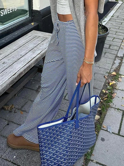 Stripe Drawstring Elastic Low Waist Baggy Sweatpants Loose Straight Leg Pants Leisure Summer Trousers
