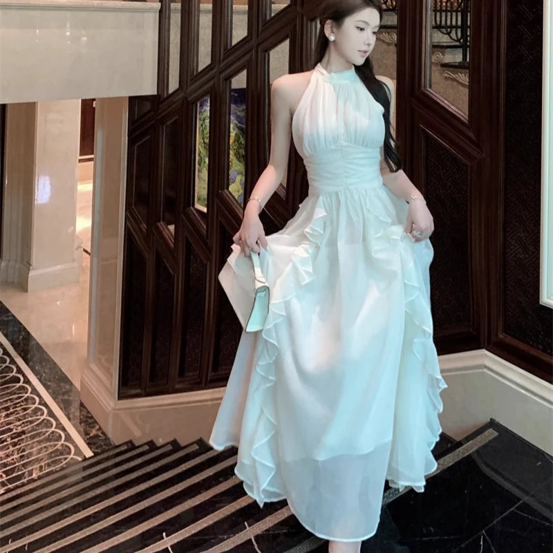 White Long Dresses Ruffles Halter Sleeveless Spring Summer Sweet Vestidos Korean Fasion Dress
