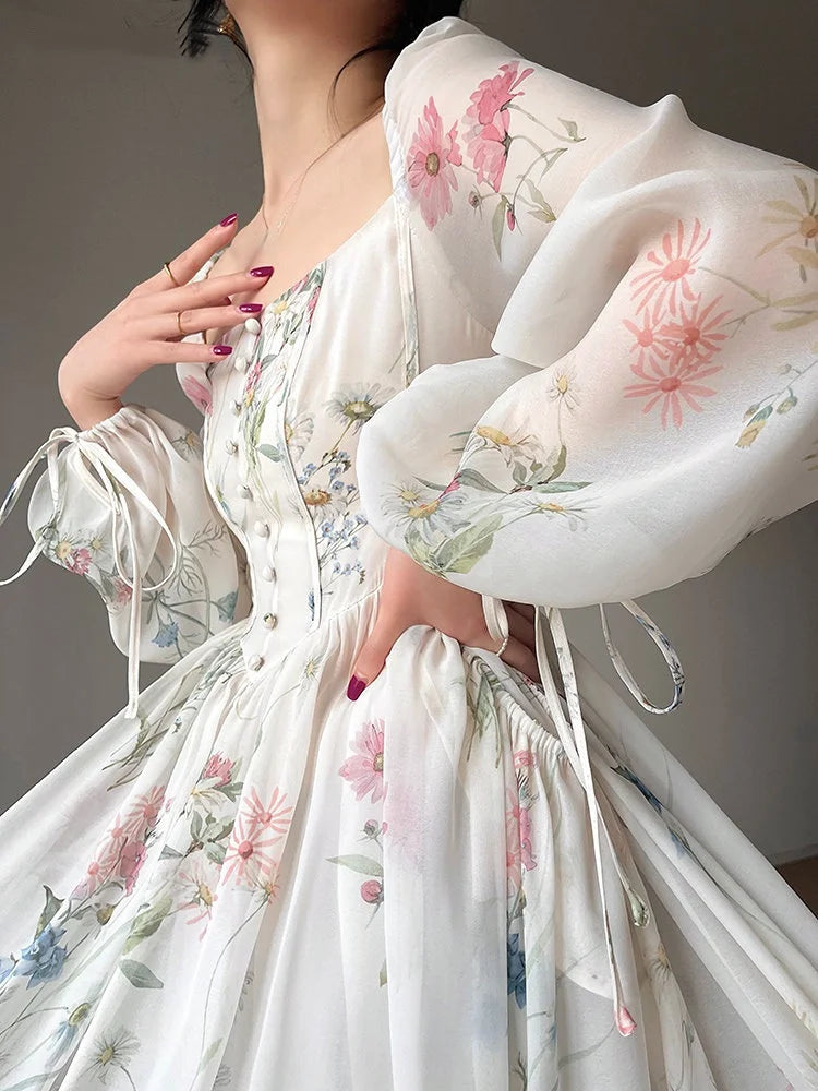 French Print Dress Square Collar Spring Summer Long Sleeve Dress for Sweet Leisure Midi Dress