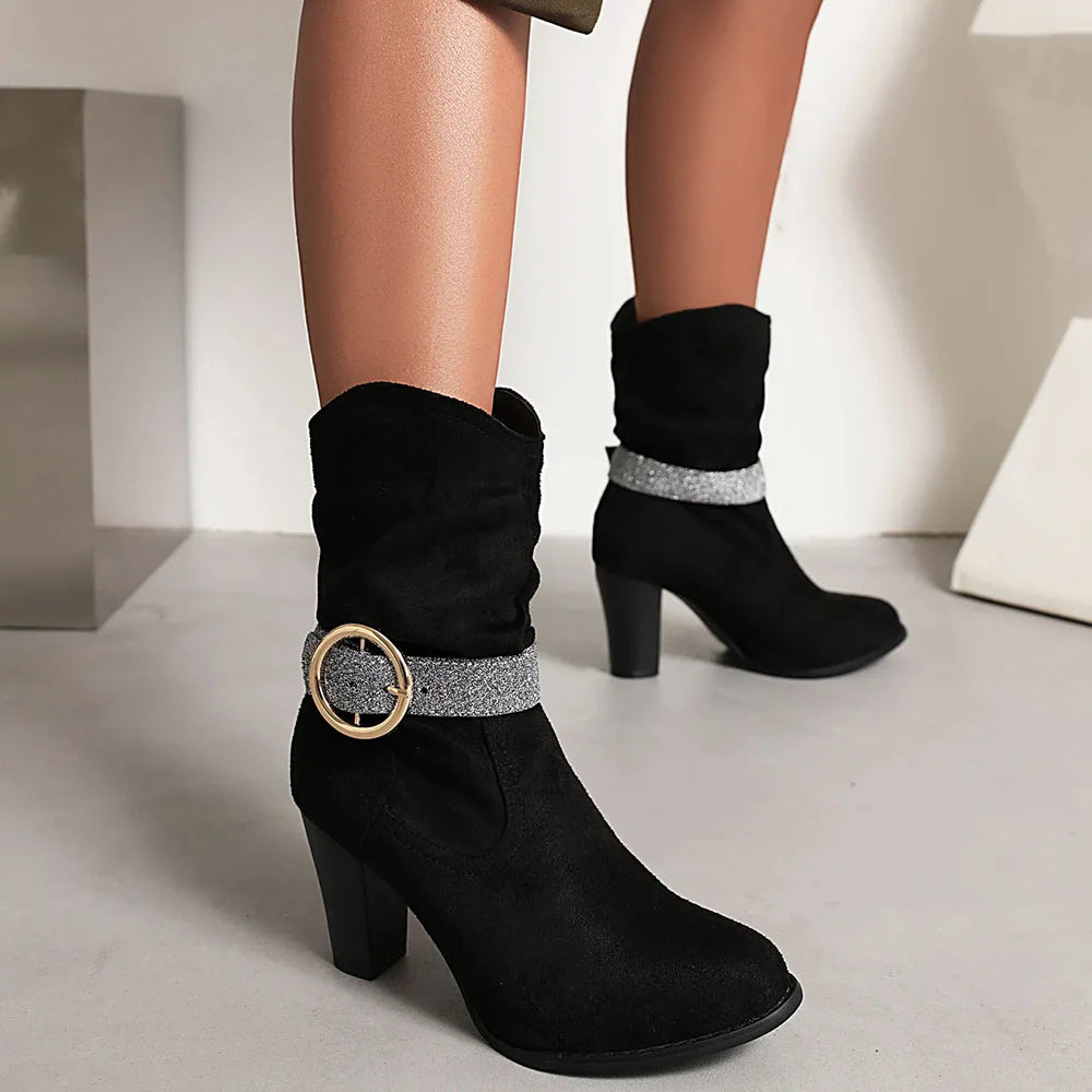 New Pointed Toe Square Root Female Midcalf Boots Shiny Buckle Autumn and Winter Party Shoes Woman