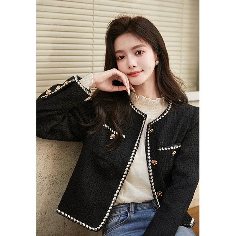 Cropped Tweed Jacket Black Quilted Coat Blazer Winter Single Breasted Thicken Outerwear Tops