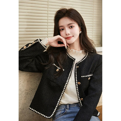 Cropped Tweed Jacket Black Quilted Coat Blazer Winter Single Breasted Thicken Outerwear Tops