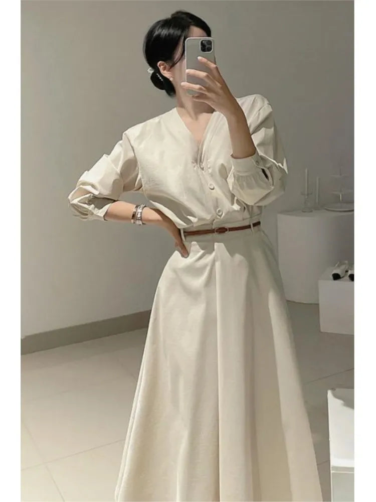 Korean V-neck Midi Dresses for With Belt Long Sleeve A-line Office Lady Autumn New Female Clothing