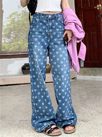 Loose Jeans Hearts Summer Pants Summer Denim High Waist Slim New Wide Leg All Match