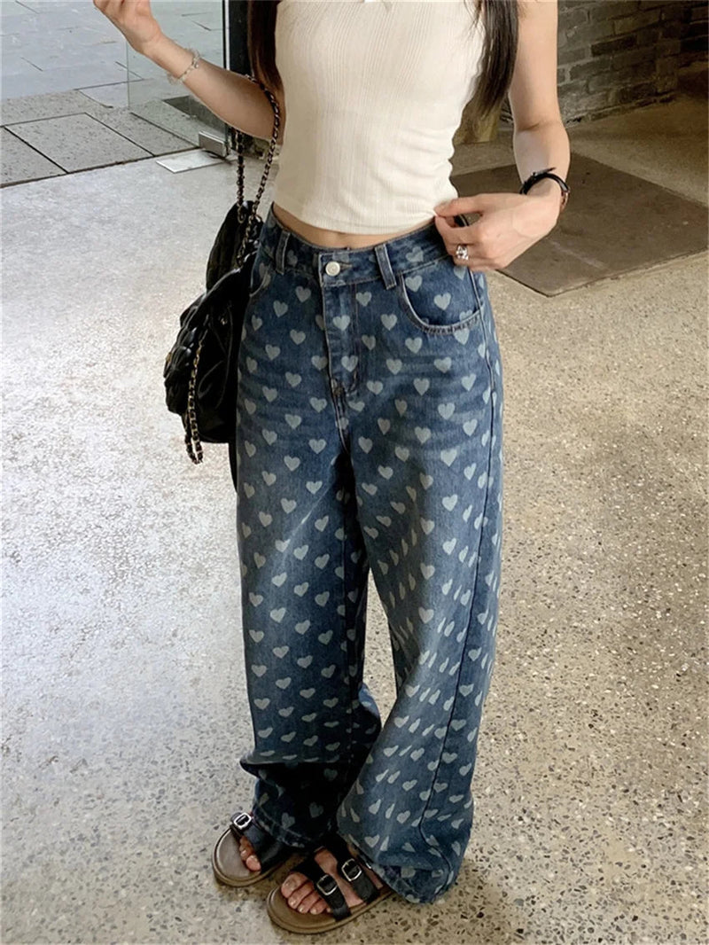 Loose Jeans Hearts Summer Pants Summer Denim High Waist Slim New Wide Leg All Match